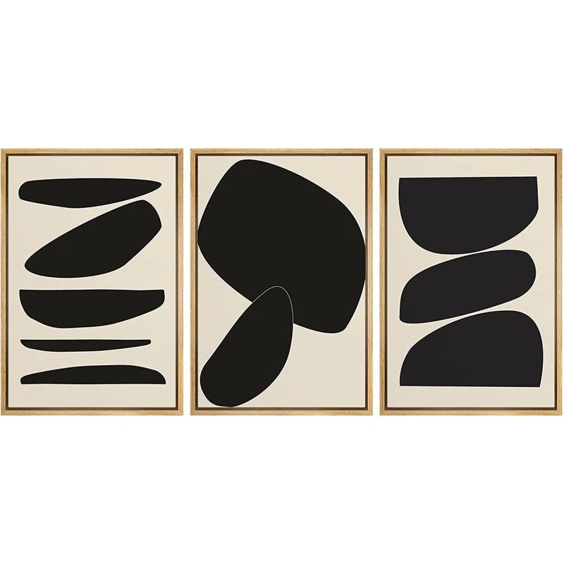 Geometric Duotone Circle Mid-Century Collage Black Large Wall Art Framed On Canvas 3 Pieces Print | Wayfair North America