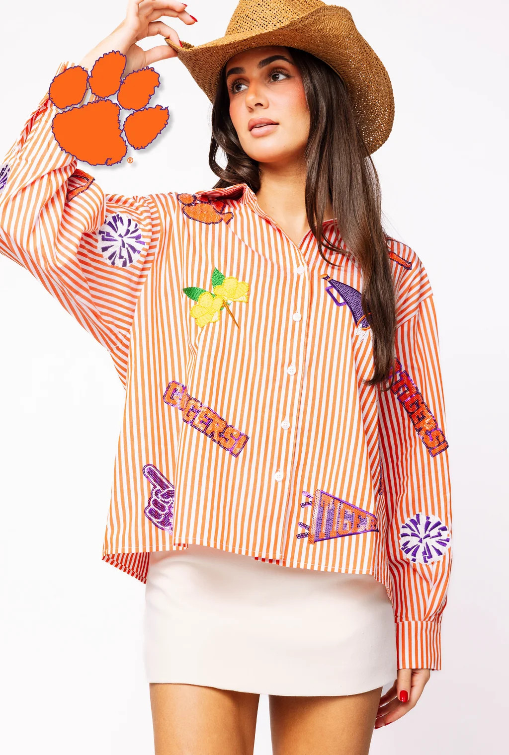 Licensed Clemson Mini Icon Striped Button Down Long Sleeve Top | Queen of Sparkles