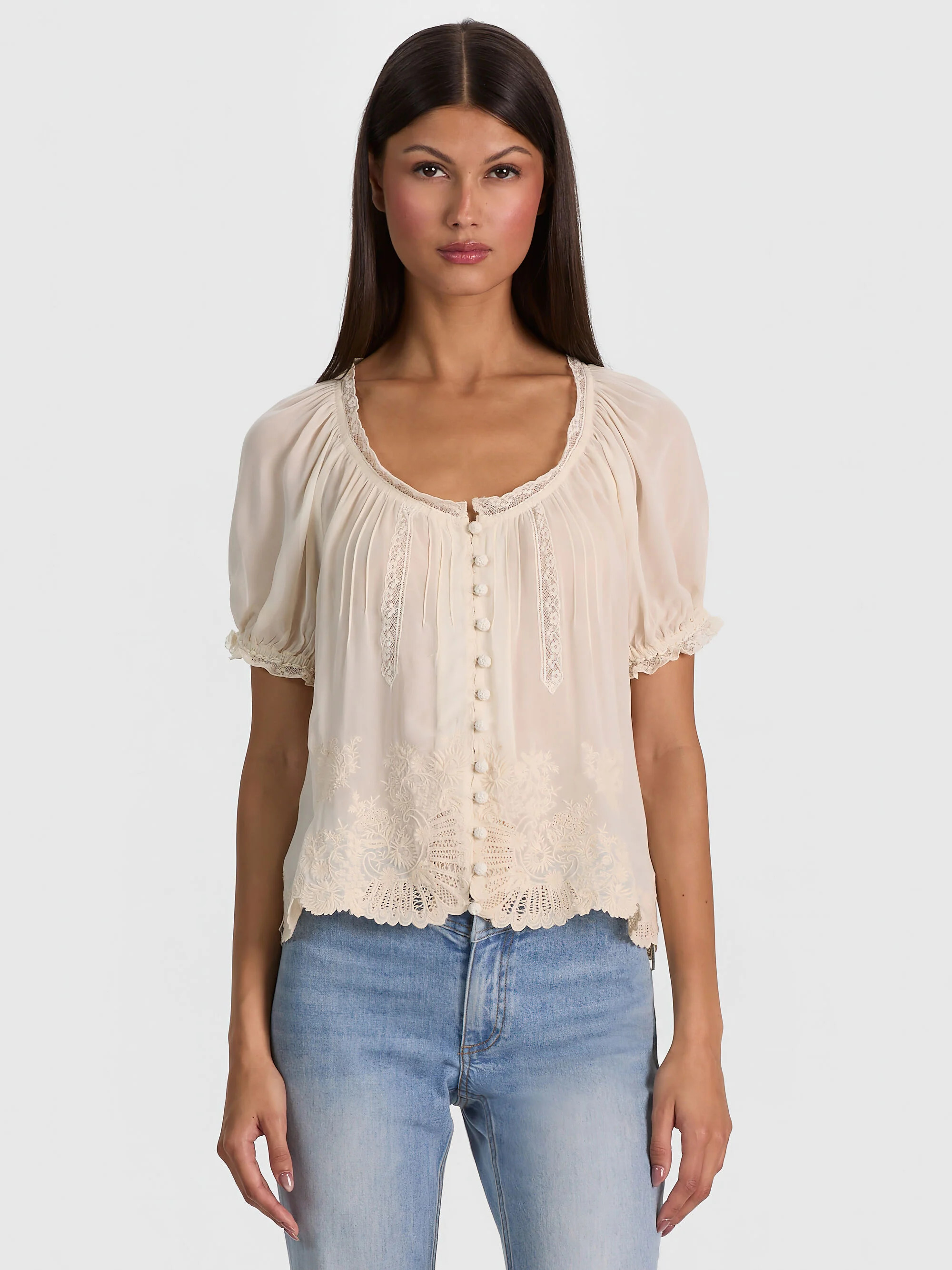 ODETTE EMRBOIDERED PUFF SLEEVE TOP | Alice + Olivia