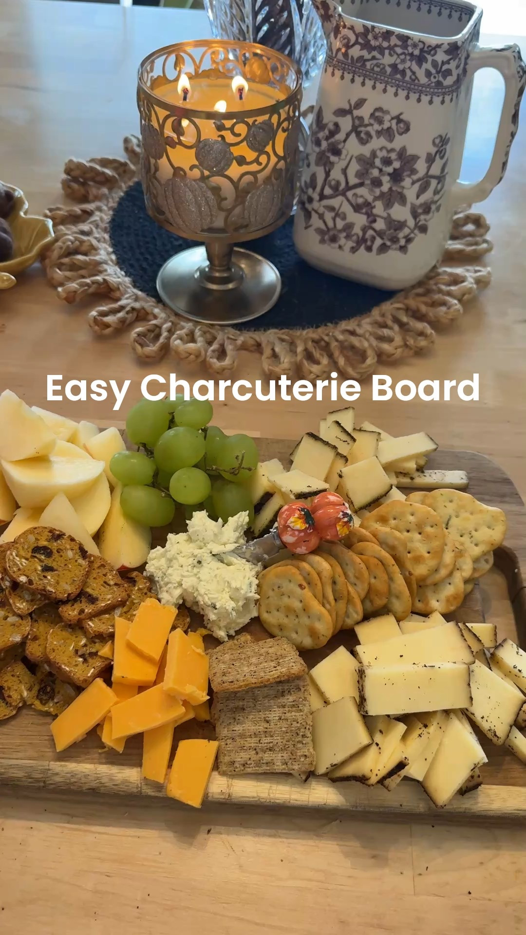Friday Favorites…
Easy Charcuterie Board

I love to keep simple items on hand in our pantry to throw together a quick and easy Charcuterie board. 

Make it easy with these tips::
Use 3 cheese and 3 kinds of crackers , two fruits and a spread able cheese.

This way it’s not to complicated.

-Cheddar cheese goes with the apples
-green onion cream cheese is great on the nam cracker 
- The tea & coffee cheese is yummy on the peppered trisket 
And pumpkin cranberry cracker

The tea cheese is yummy with the grapes

If you want to add some nuts or a little deli meats, and you have it one hand by means ☺️❤️

This wood cutting board is by uncommon James and the perfect size for small gathering or couples night. 

Bath & body works candle and candle holder

Transfer ware pitcher 

Vintage crystal vase

Raffia placemat 

Leaf  dish perfect for candy or  cheese ball etc





#LTKFindsUnder50 #LTKParties #LTKHome