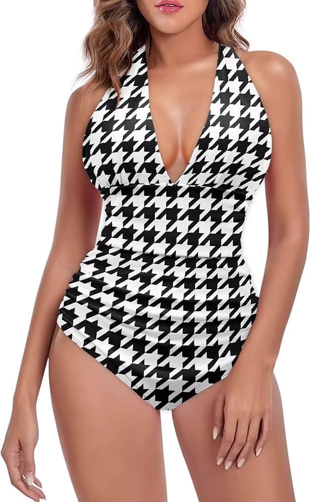 GETELINSENG Novelty Pattern Swimsuits for Women One Piece Tummy Control V Neck Halter Bathing Sui... | Amazon (US)