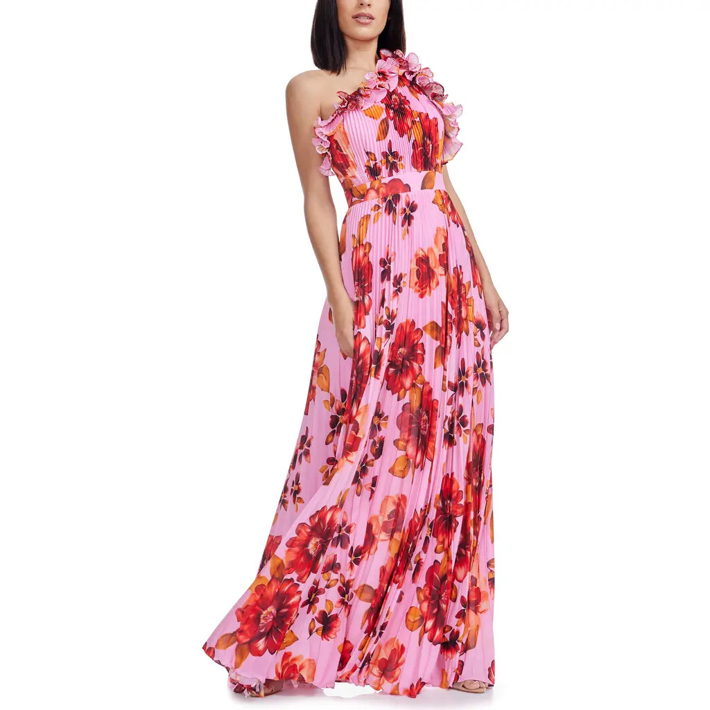 Dress the Population Vida Ruffle & Pleat Evening Gown in Bright Rose at Nordstrom, Size Small | Nordstrom