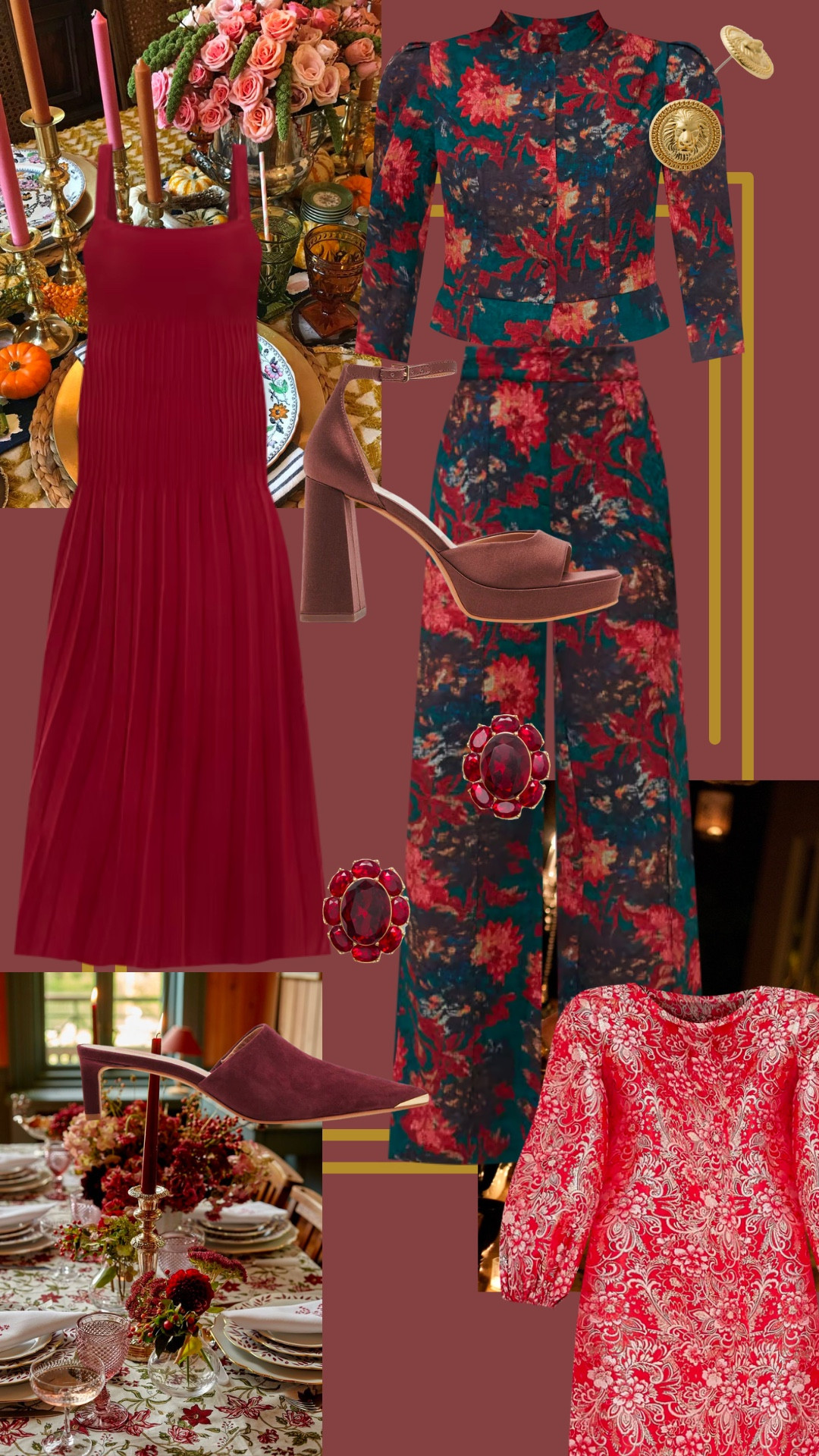 Thanksgiving glam meets timeless elegance 🍁✨ Get ready for the holidays with these stunning, statement-making pieces:

🌟 Elie Tahari Heritage Mave Dress – A bold, red pleated midi dress perfect for making an entrance.
🌟 Tuckernuck Persimmon Floral Jacquard Versailles Pants – Vibrant floral jacquard for an elevated yet festive vibe.
🌟 Tuckernuck Persimmon Floral Jacquard Mirabelle Jacket – The perfect tailored pairing to the jacquard pants, creating a chic holiday set.
🌟 Schutz Arissa Studded Leather Block-Heel Sandals – Comfortable yet elevated, these block heels are a versatile staple.
🌟 Tuckernuck Oxblood Nina Flats – Perfect for a more casual yet stylish Thanksgiving gathering.
🌟 Tuckernuck Gold Statement Earrings – Add a pop of sparkle with these oversized gold and red jewels.
🌟 Brandy Satin Skirt – A classic and flowy option that pairs beautifully with rich textures.
🌟 Merlot Lizbeth Bag – A deep red clutch that ties your look together with elegance.

From rich florals to pleated textures and statement accessories, these looks are ideal for a stylish and cozy Thanksgiving celebration. 

#ThanksgivingFashion #HolidayGlam #LTKHoliday #ShopTheLook #ThanksgivingStyle" 

 #LTKHoliday #LTKSeasonal #LTKParties