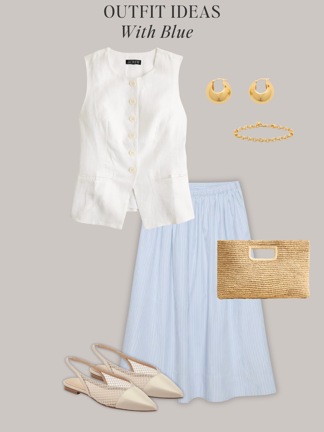 8 outfit ideas with light blue For summer ✔️ All-non light blue color clothes, shoes and accessories are in the Minimal Chic Summer 2026 capsule wardrobe.  

button vest, tailored shorts, slide sandals, sleeveless top, white midi skirt, slingback flats, blue button-down shirt, bermuda shorts, thong sandals, striped vest, linen shirt, tailored pants, white tee, black skirt, straw raffia sandals, tank dress, linen blazer, polo top

#quietluxury #styleguide #effortlesschic #lightblue #summeroutfits 

 