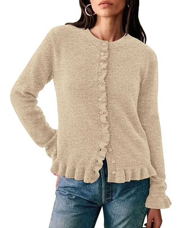 PRETTYGARDEN Womens Fall Button Down Cardigans Chunky Knit Ruffle Open Front Cropped Cardigan Swe... | Amazon (US)