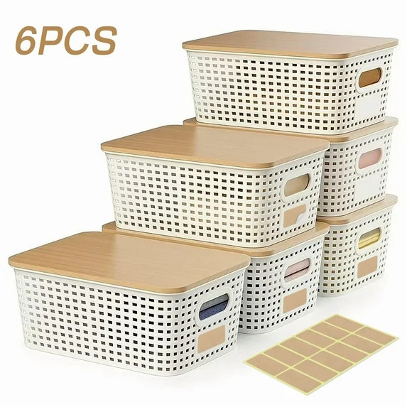 Yij2 6 Pcs Small Storage Bins with Bamboo Lids, Plastic Stackable Storage Basket with Label,Organ...