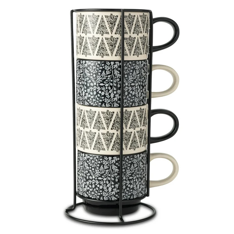 Thyme & Table 10.5 fl oz Assorted Holiday Tree Print 4-Pack Ceramic Stacking Mugs - Black and Whi... | Walmart (US)