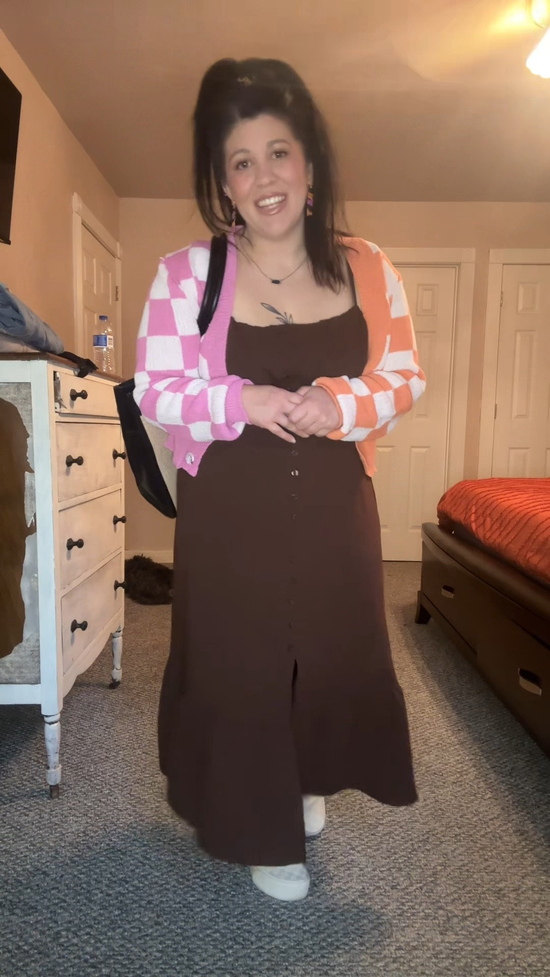 Such an easy way to wear your favorite summer dresses this fall. Walmart no longer has this dress in brown but they do have black. My cardigan is from a small business but I linked a few other options  