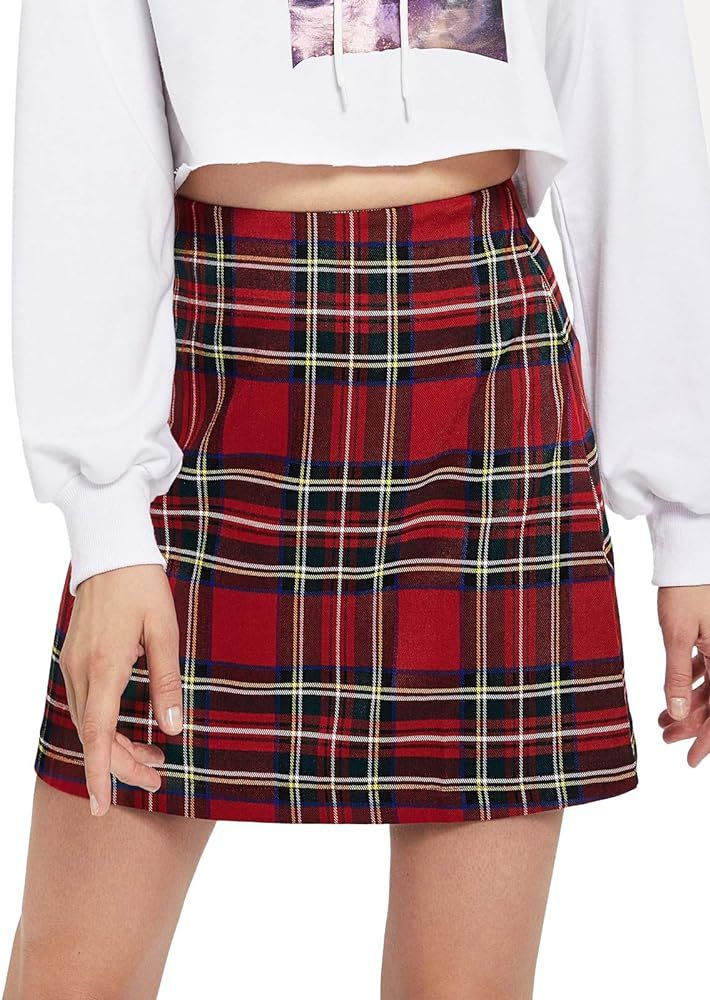 MakeMeChic Women's Plaid Skirt Zipper Back High Waist A-Line Mini Skirt | Amazon (US)