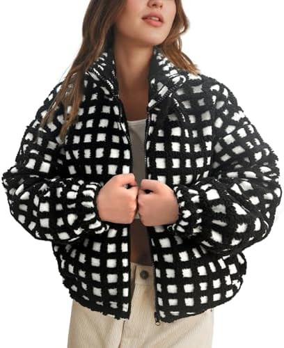 Womens Checkered Sherpa Jacket Cropped Long Sleeve Plaid Fleece Coats Casual Zip Up Gingham Outwe... | Amazon (US)