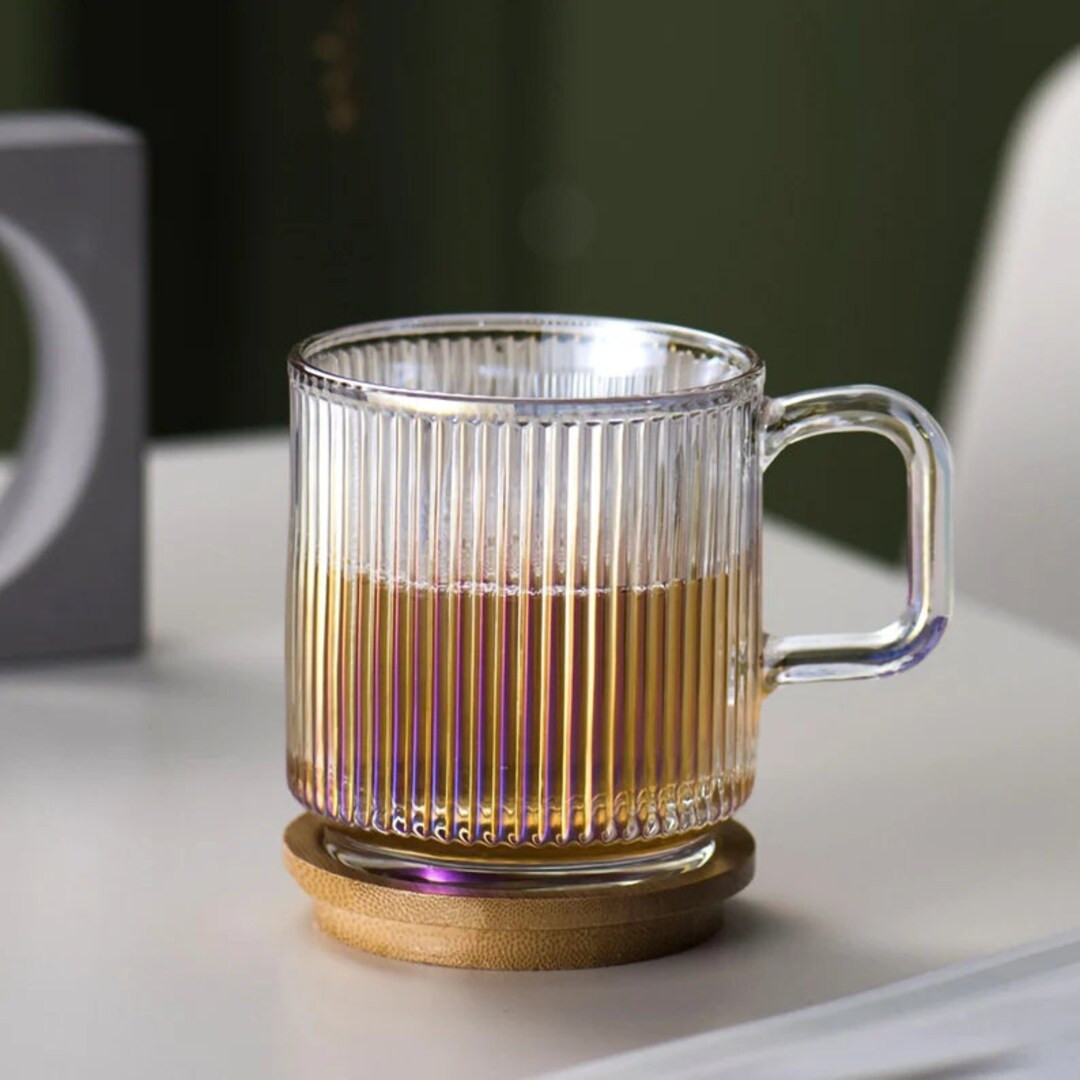 Ribbed Clear / Iridescent Glass Tumbler Mug , Rainbow Glass Mug, coffee mug, milk mug, for her/ f... | Etsy (UK)