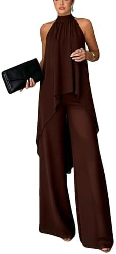 2 Piece Sets for Women Halter Sleeveless Tops with Wide Legs Pants Casual Going Out Outfits | Amazon (US)