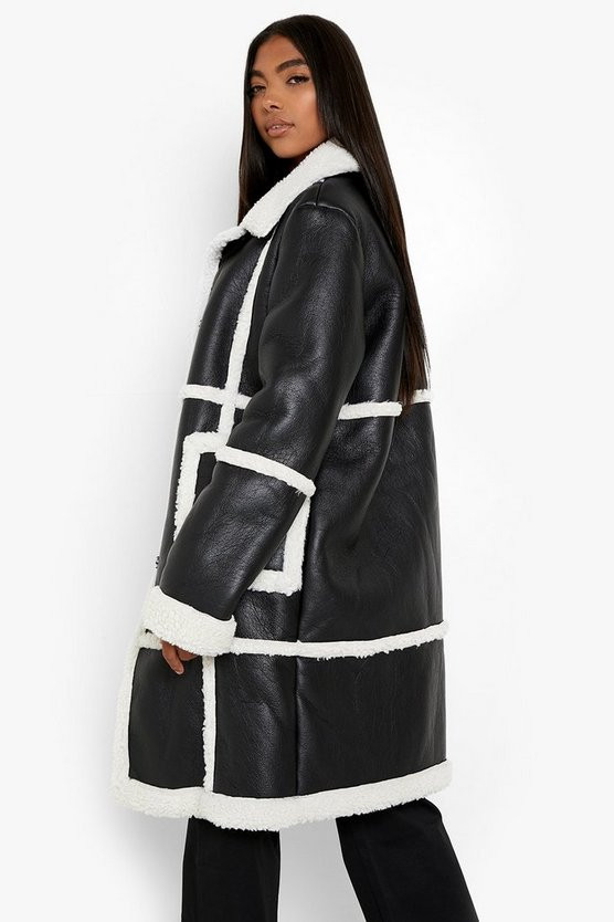 Tall Faux Fur Trim Bonded Longline Aviator | Boohoo.com (US & CA)