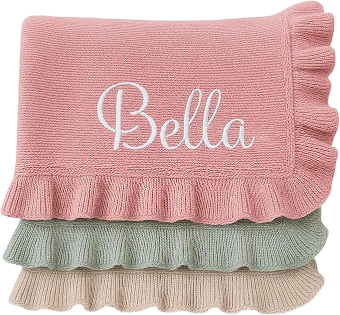 Nonnie Personalized Ruffle Baby Blanket with Name, Custom Embroidered Knit Newborn Wrap for Girls... | Amazon (US)