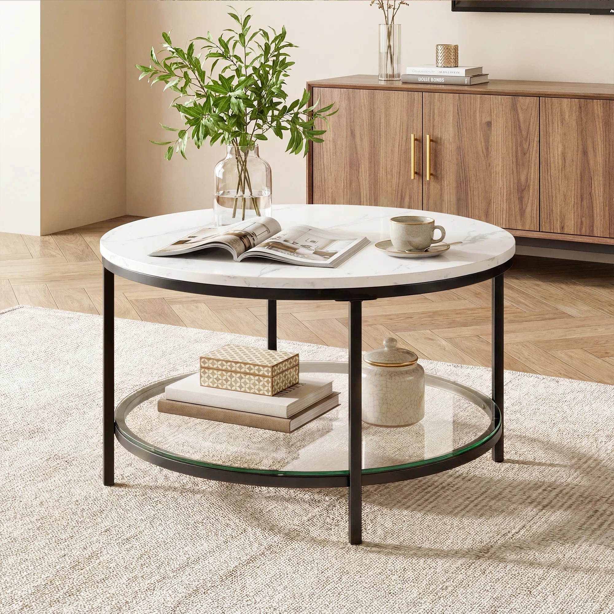 Marble Round Coffee Table with Glass for Living Room, 2-Tier Circle Coffee Table with Storage Cle... | Wayfair North America