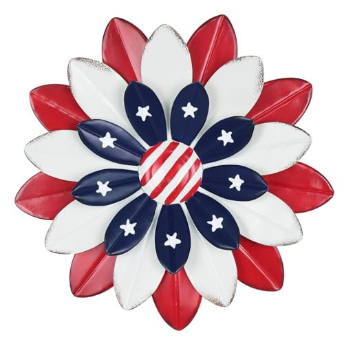 hogardeck 4th of July Decorations Outdoor, Red White Blue Metal Flower Wall Art for Fourth of July Decor, 3D Metal Floral Patriotic Decorations for Yard Garden Home Indoor | Amazon (US)