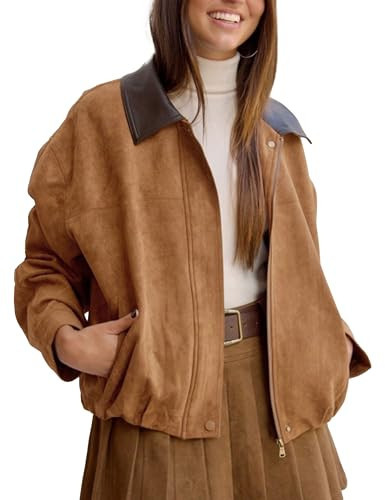 Yegthou Womens Faux Suede Bomber Jacket Casual Lapel Pilot Cropped Jackets Oversized Motorcycle Zip Up Outerwear Coats(Brown-XS) | Amazon (US)