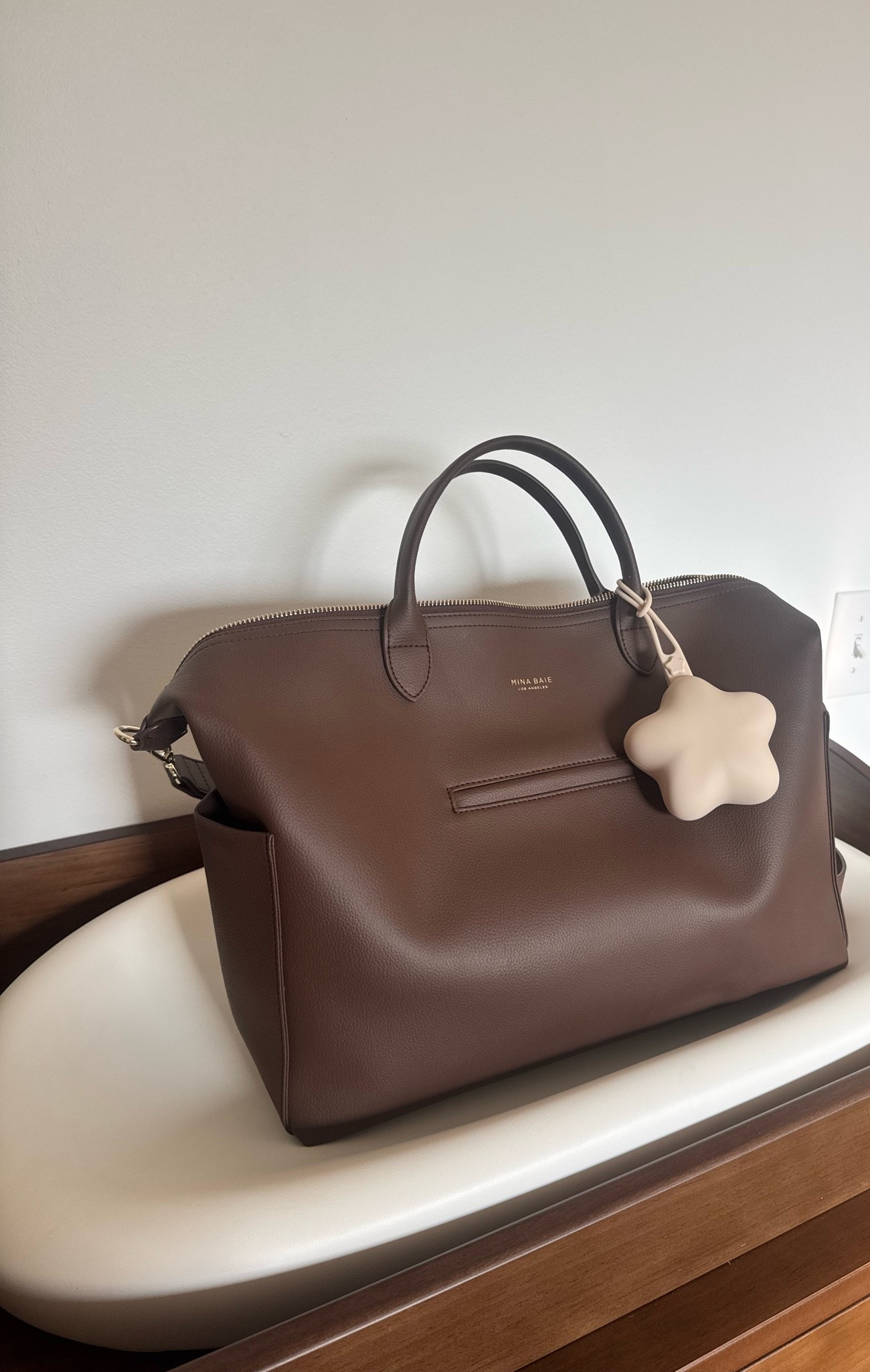 Diaper bag of my dreams 🥹🤍 #diaperbag #babymusthaves #firsttimemom 

Bag is the Mina Baie Emmy tote, full size, in brown!