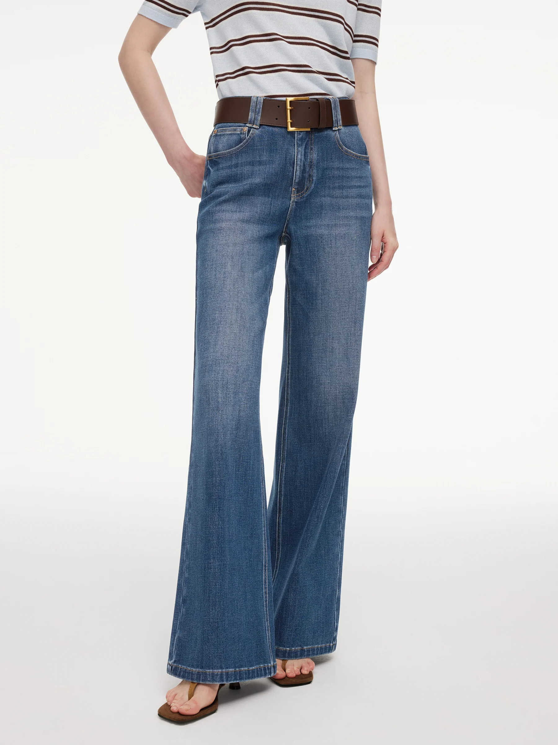 Lyocell Blend Denim Women Flared Palazzo Jeans With Belt | GOELIA