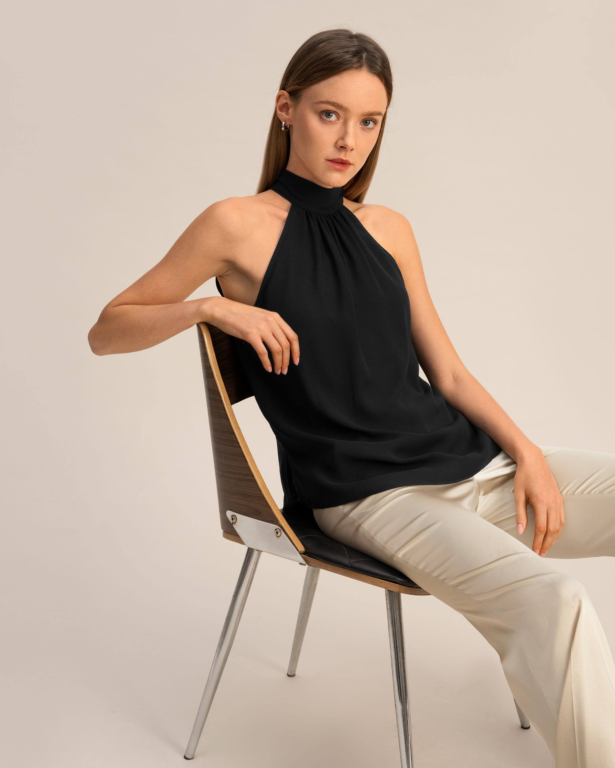 LILYSILK Silk Georgette Halter Neck Top - Womens - Black 100 Silk - Chic Relaxed Fit Shirt 14 | LILYSILK