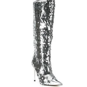 Steve Madden- Panther Silver Sequin Knee-High Stiletto Boots. Size 7.5 | Poshmark