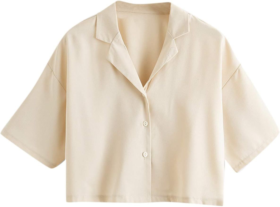 SheIn Women's Casual V Neck Button Down Shirts Short Sleeve Lapel Crop Top Blouse | Amazon (US)