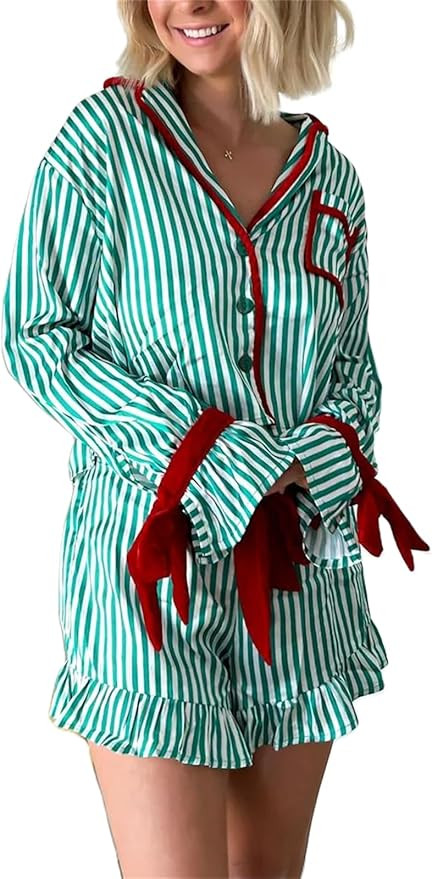 Alyweatry Women Christmas 2 Piece Pajama Set Cute Print Long Sleeve Button Down Shirt Elastic Sho... | Amazon (US)