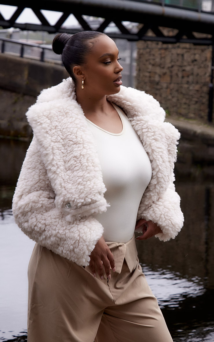 Plus Cream Teddy Faux Fur Cropped Coat | PrettyLittleThing US