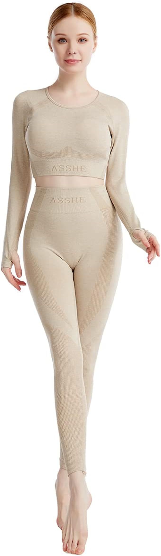 ASSHE Workout Fits for Women 2 Piece Sets Ribbed Seamless Yoga Outfits Gym High Waist Legging Sui... | Amazon (US)