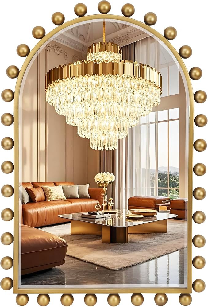 24x36 Inch Arched Wall Mirror with Antique Gold Ball Frame, Beveled Arched Decorative Wall Mirror... | Amazon (US)