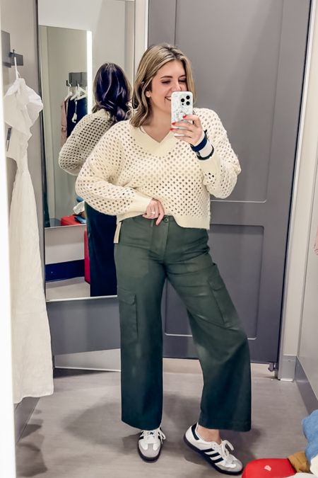 Trendy mom outfits from Target! @targetstyle try on: 
Cargo pants fit tts. In an 8.
Open weave sweater fits tts but I sized up to a large for a more oversized fit. 

Sneakers runs slightly large. Size down 1/2 if in between. #targetstyle 

#LTKsalealert #LTKmidsize #LTKfindsunder50