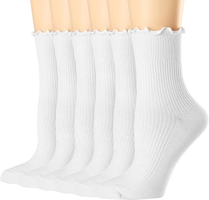 Amazon.com: Mcool Mary Womens Crew Socks Ruffle Turn-Cuff Dress Socks Casual Cotton Knit Warm Com... | Amazon (US)