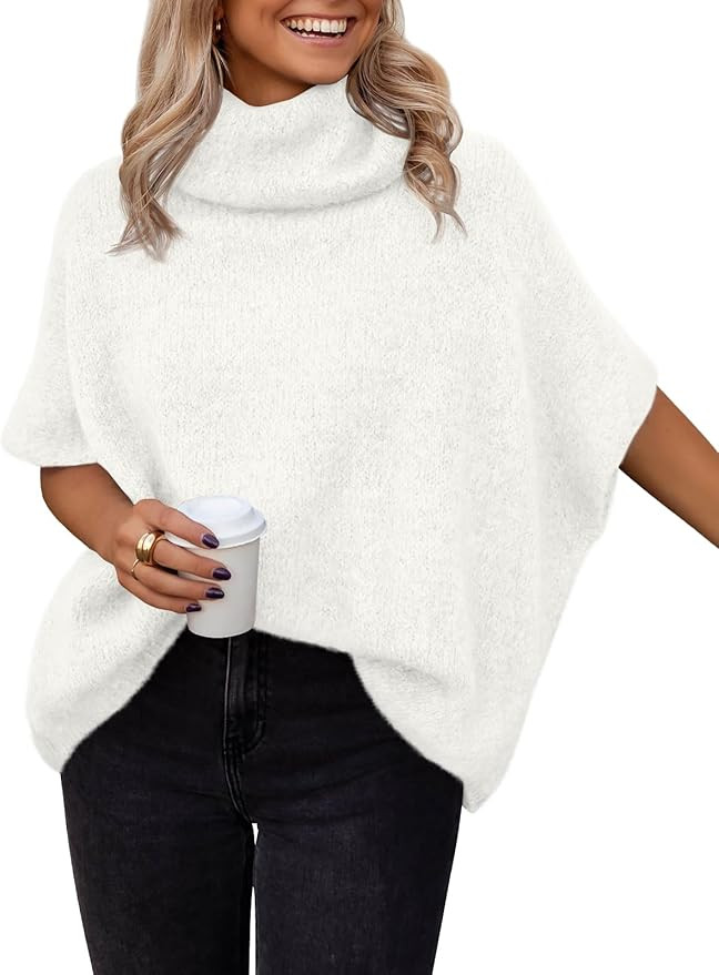 LILLUSORY Women's Turtleneck Oversized Sweaters Short Batwing Sleeves Tops Fall Winter Loose Fit ... | Amazon (US)