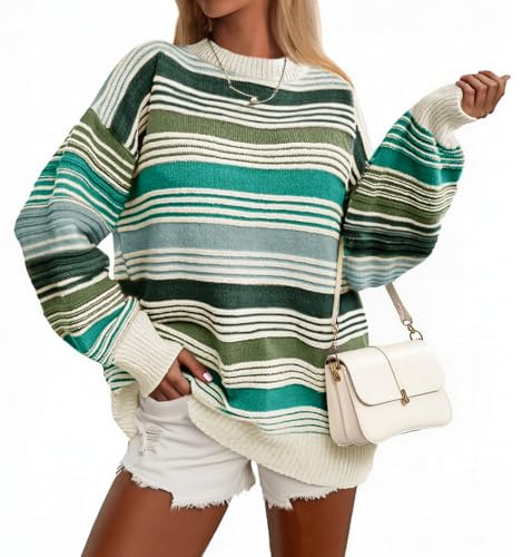 Saodimallsu Womens Striped Sweater Color Block Crew Neck Long Sleeve Fall Colorful Rainbow Knit L... | Amazon (US)