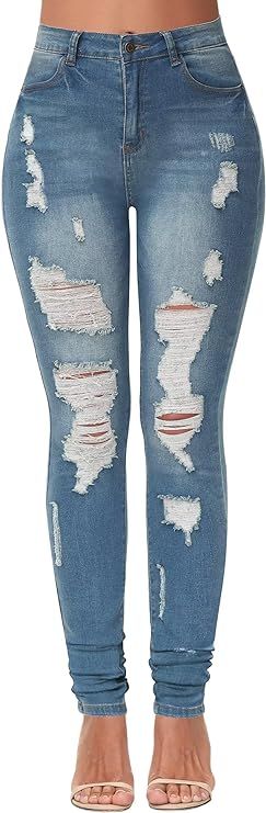 KDF Women's High Waisted Jeans for Women Distressed Ripped Jeans Slim Fit Butt Lifting Skinny Str... | Amazon (US)