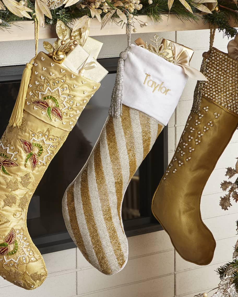 Sudha Pennathur 23" Beaded Striped Christmas Stocking with Velvet Cuff | Neiman Marcus