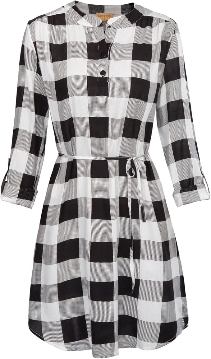 Kate Kasin Women Roll Up Sleeve Casual Tunic Mini Plaid T Shirt Dresses KKAF1057 | Amazon (US)