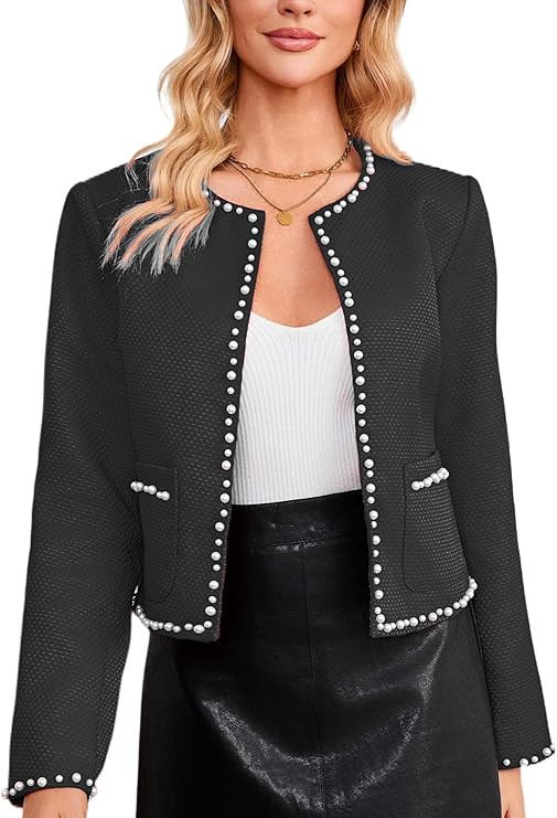 Womens Cropped Tweed Blazers Jacket Long Sleeve Collarless Open Front Pearl Trim Casual Blazer Fa... | Amazon (US)