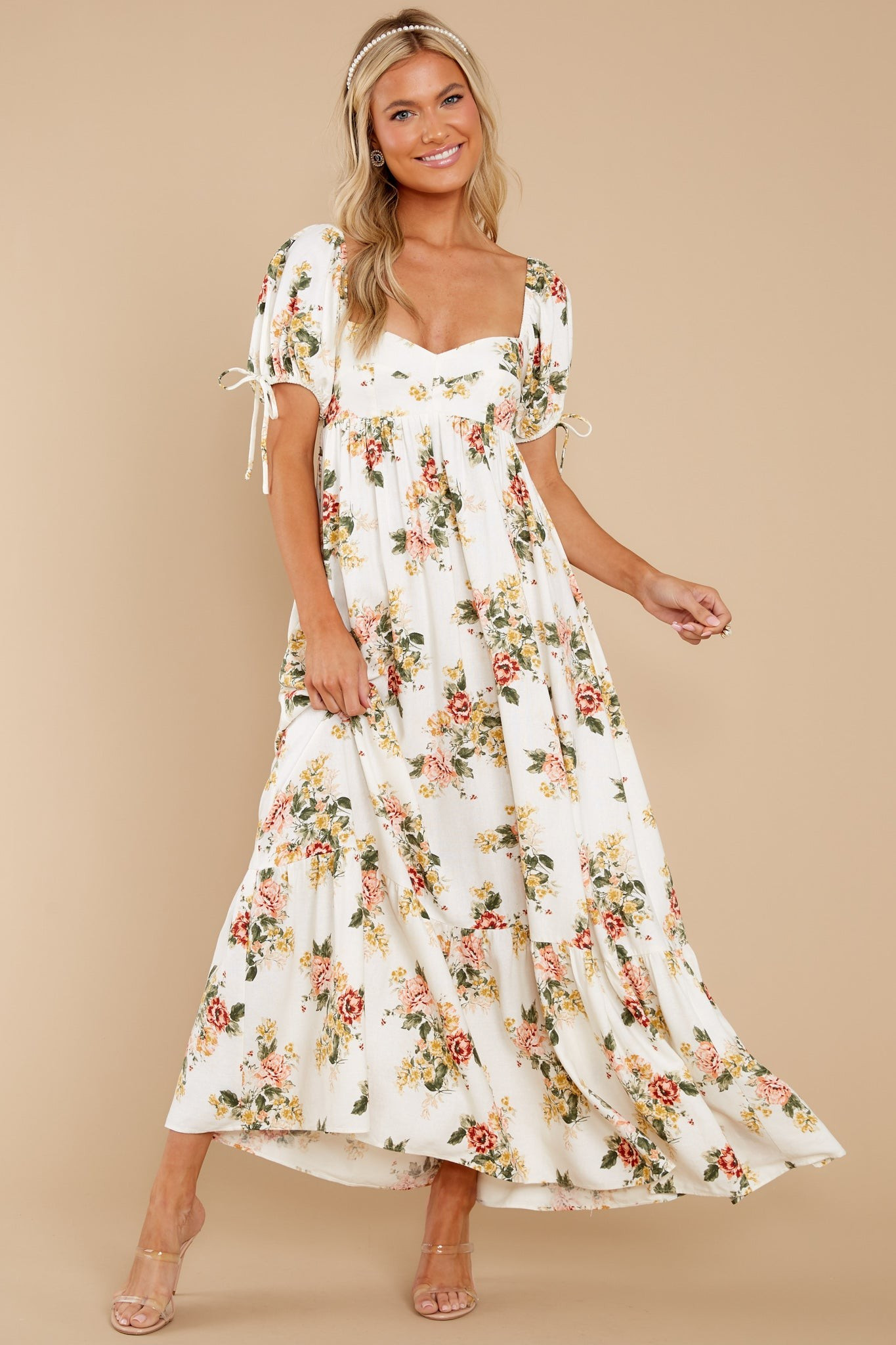 Whimsical Blooms White Floral Print Maxi Dress | Red Dress 