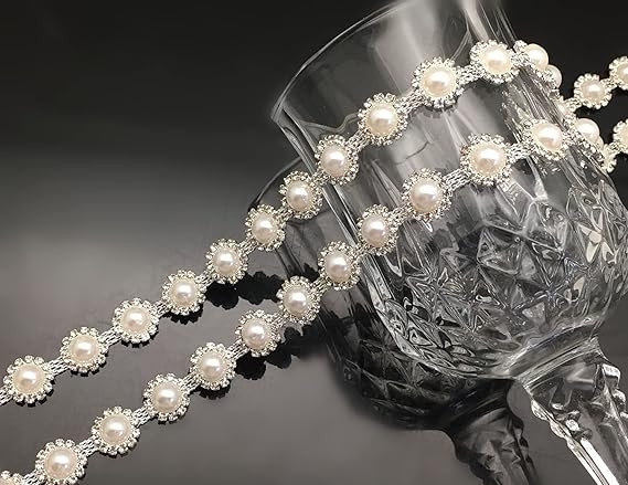 FQTANJU 1 Yard Rhinestone Trim, Crystal Rhinestone Chain with Elegant Ivory Pearl Rhinestone Appl... | Amazon (US)