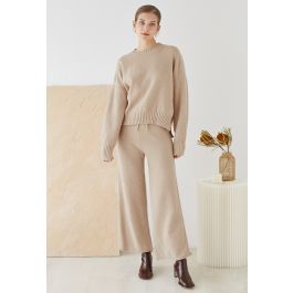 Waffle Knit Hi-Lo Sweater and Wide Leg Pants Set in Camel | Chicwish