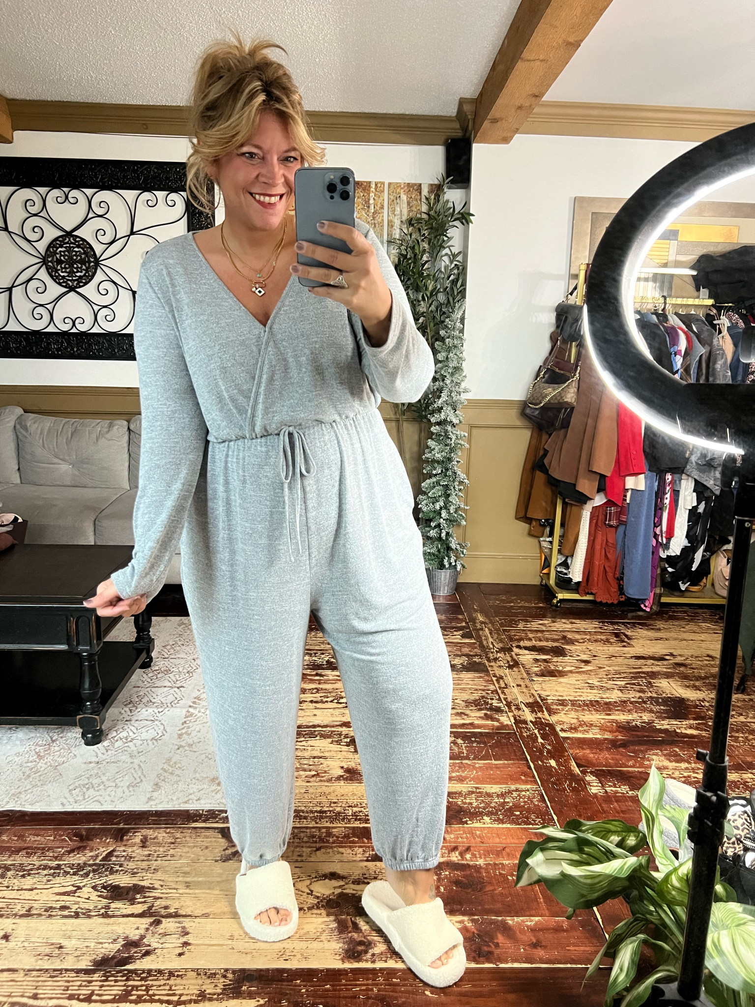 Incredibly comfortable jumpsuit size 14/16, fuzzy slippers true to size, undies size large 

#LTKMidsize #LTKOver40 #LTKPlusSize