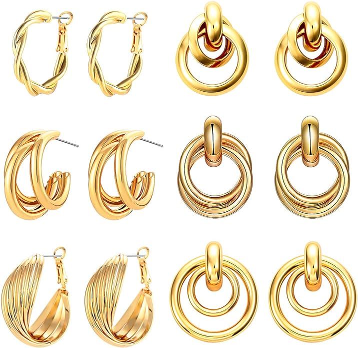 Gold Chunky Hoop Earrings for Teen Girls Hollow Multi Layered Twisted Circle Open Hoop Earring St... | Amazon (US)