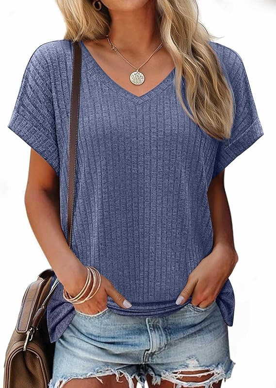 JUSTFASHIONNOW Summer Tops for Women 2026 V Neck Short Sleeve Shirts Dressy Casual Blouses Trendy... | Amazon (US)