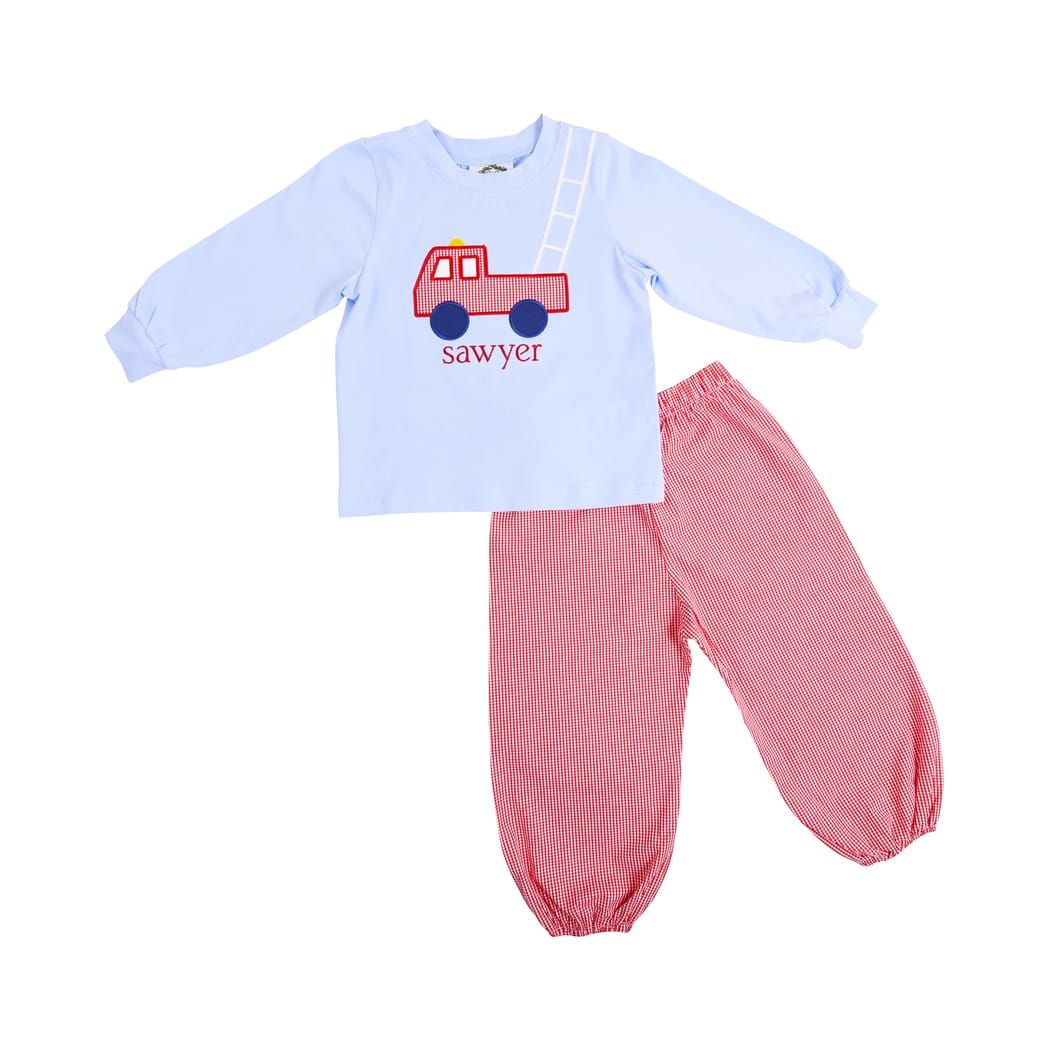 Blue Knit Firetruck Red Gingham Pant Set | Eliza James Kids