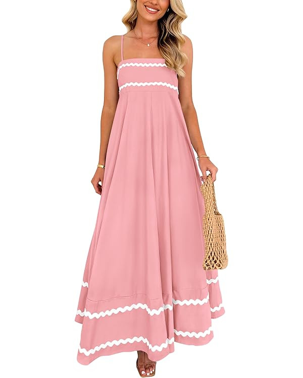 PRETTYGARDEN Women's 2025 Summer Flowy Maxi Dress Casual Sleeveless Spaghetti Strap Ruffle Beach ... | Amazon (US)