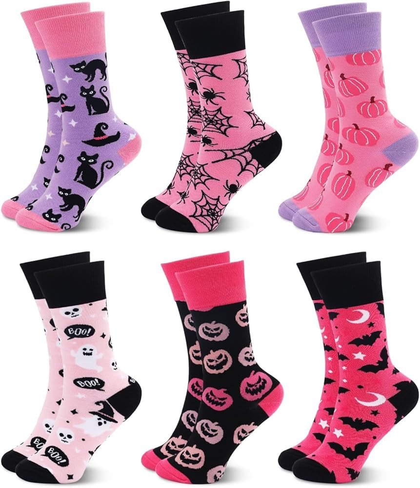 Vansolinne Halloween Crew Socks for Women Girls Novelty Pumpkin Ghost Black Cat Crew Socks for Halloween Costume Cosplay Party Supplies Set of 6 | Amazon (US)