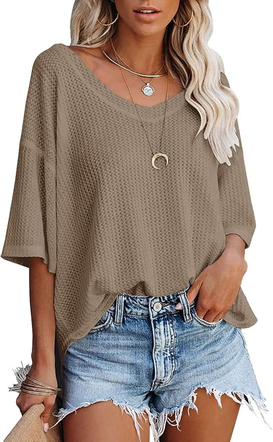 MEROKEETY Women's V Neck Batwing Half Sleeve Shirts Waffle Knit Loose Blouse Solid Color Tops | Amazon (US)