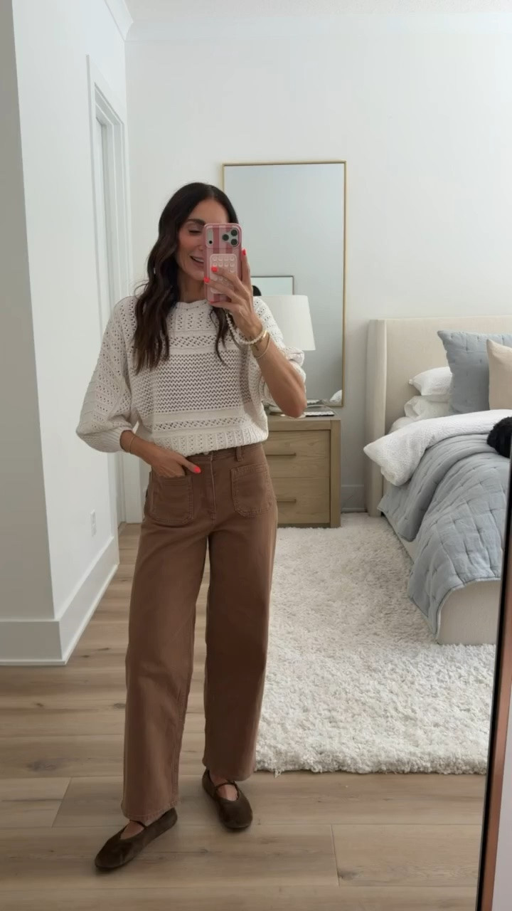 This color combination is so good for heading into fall. The open knit sweater keeps it lightweight, and I love it with the chocolate brown wide leg jeans and ballet flats.

fall outfit, chocolate brown jeans, wide leg jeans, crochet sweater, open knit sweater, ballet flats, brown denim, transitional outfit, petite style, neutral outfit, fall fashion, annabrstyle

#LTKootd #LTKgrwm #LTKSeasonal