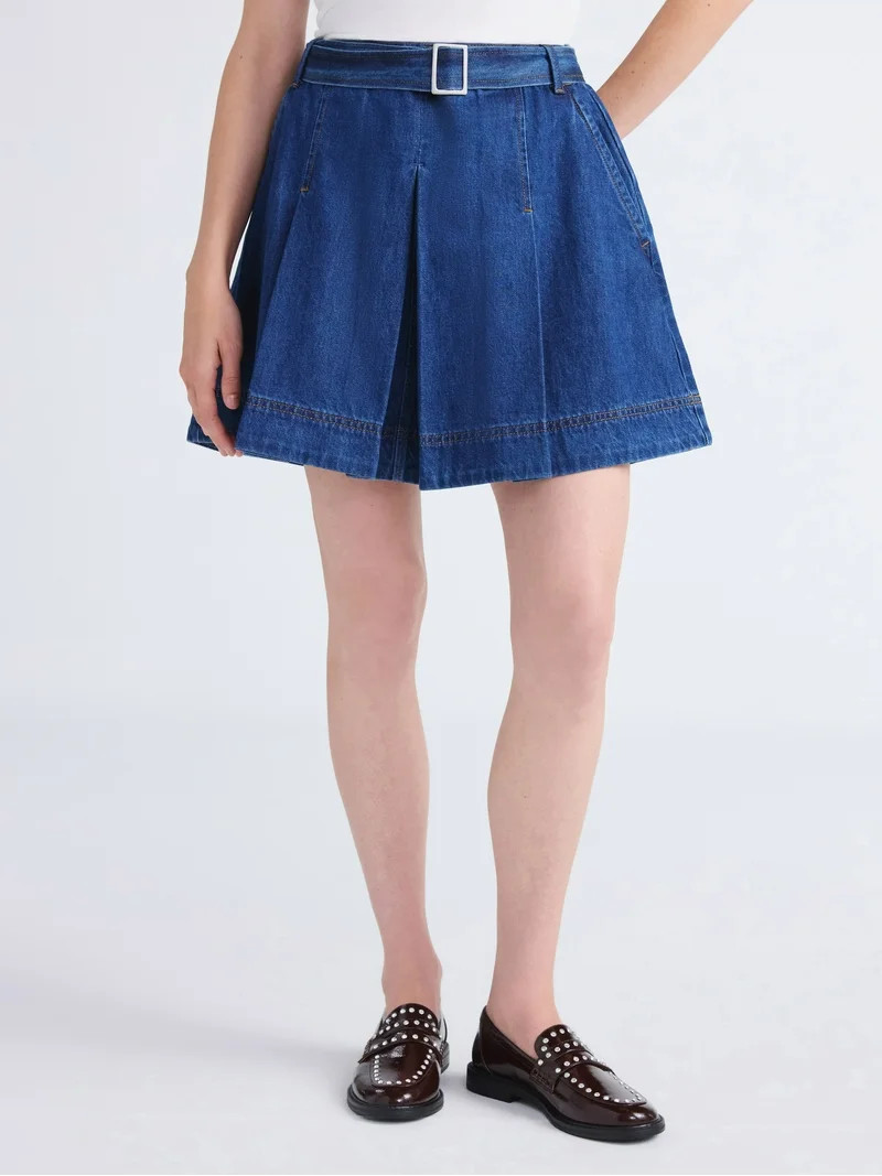 Free Assembly Women's Pleated Denim Mini Skirt with Belt, Sizes 0-20 | Walmart (US)